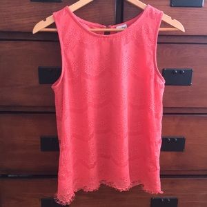 Suzy Shier Coral Pink Fringe Lace Tank, Size Medium